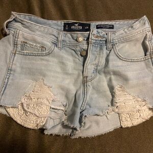 Hollister Blue Distressed Jean Shorts with Lace Accents